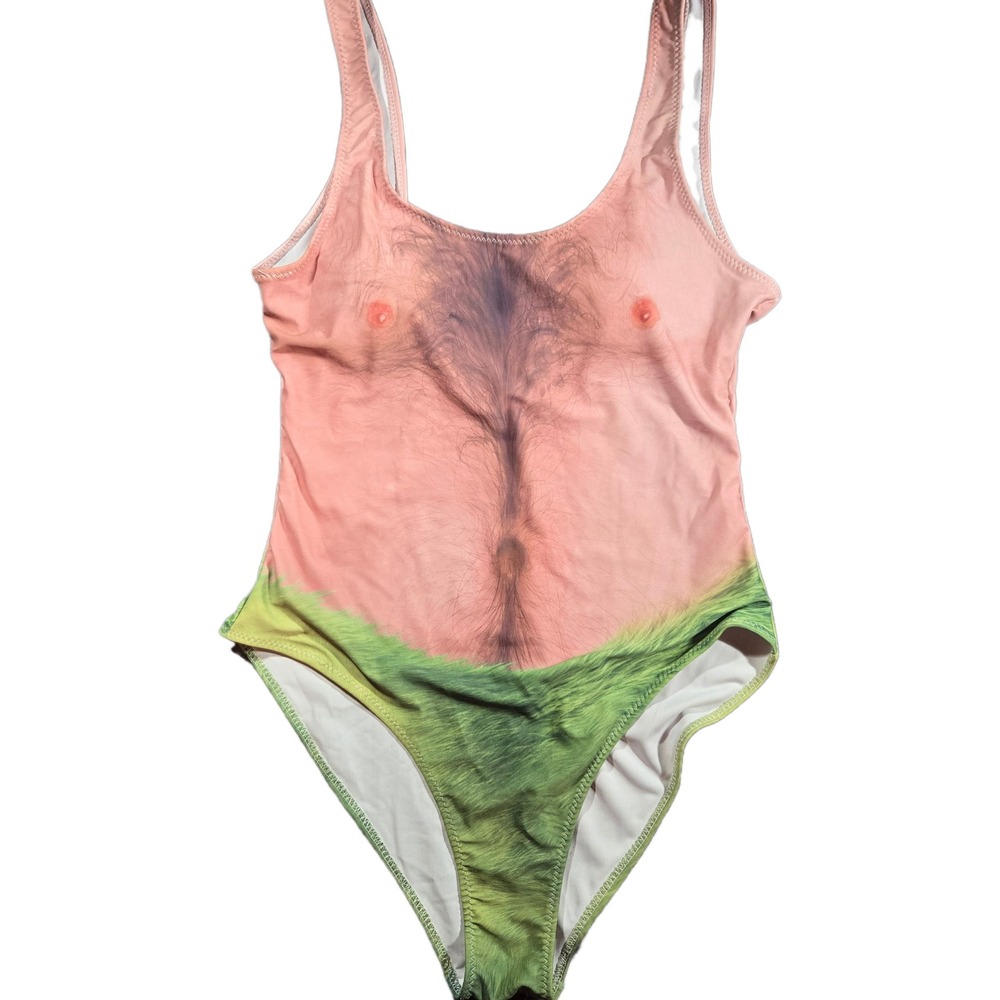 Swimsuit Woman One Piece Funny Hairy Chest Sz Large Prank Beach Vacation Pool‎